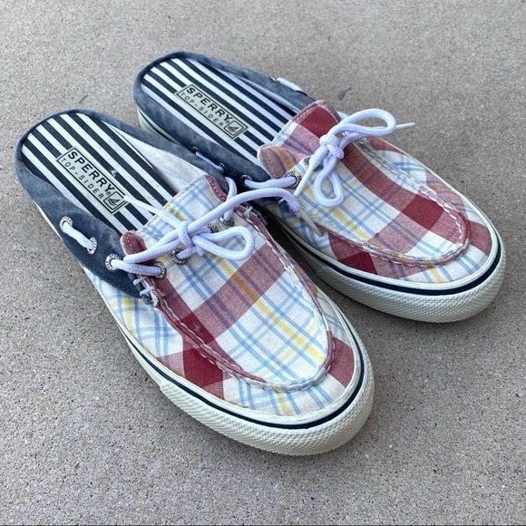 Sperry Shoes - Sperry Plaid Striped Blue Red White Mules Loafers
